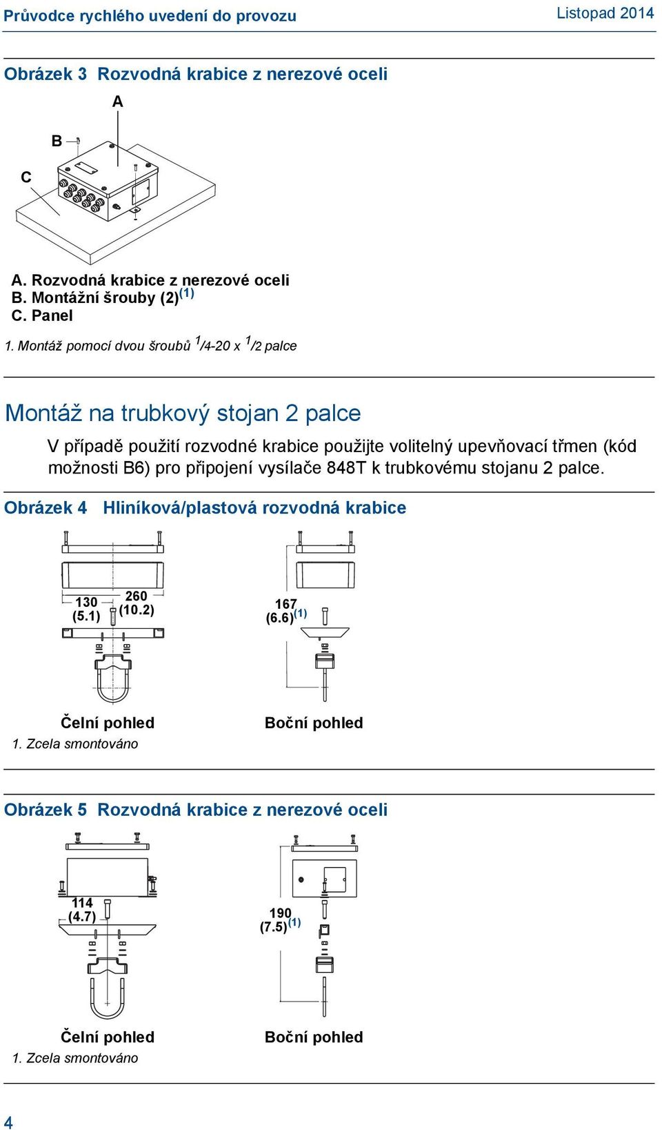 Montáž pomocí dvou šroubů 1 /4-20 x 1 /2 palce Montáž na trubkový stojan 2 palce V případě použití rozvodné krabice použijte volitelný upevňovací třmen (kód možnosti B6) pro připojení