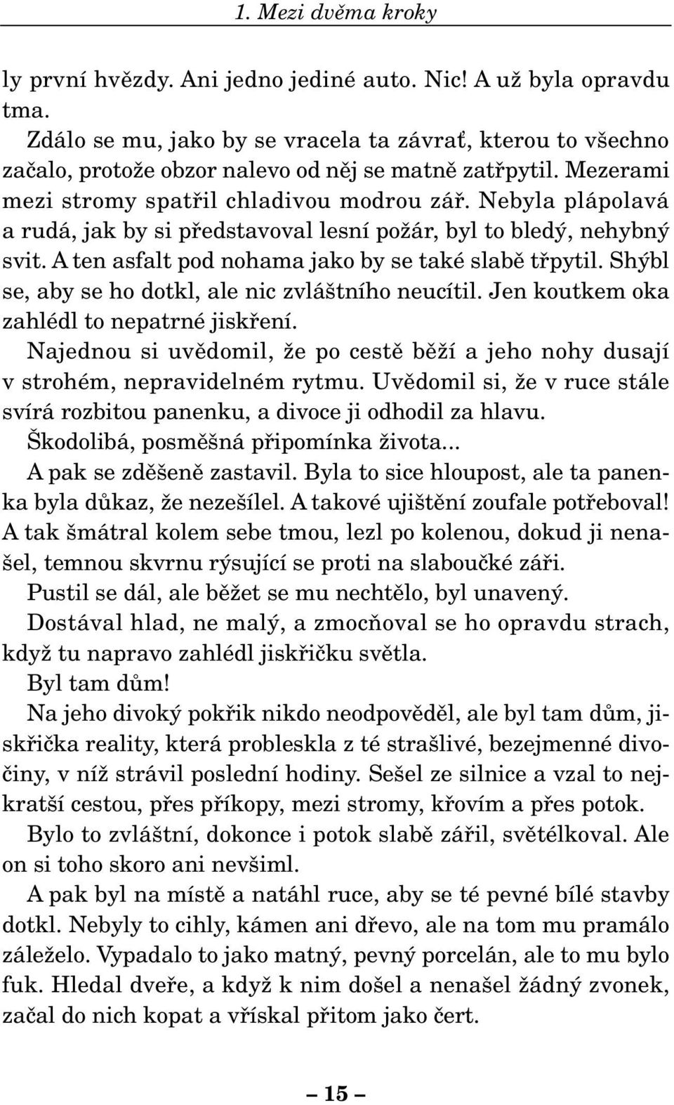 Nebyla plápolavá a rudá, jak by si pfiedstavoval lesní poïár, byl to bled, nehybn svit. A ten asfalt pod nohama jako by se také slabû tfipytil. Sh bl se, aby se ho dotkl, ale nic zvlá tního neucítil.