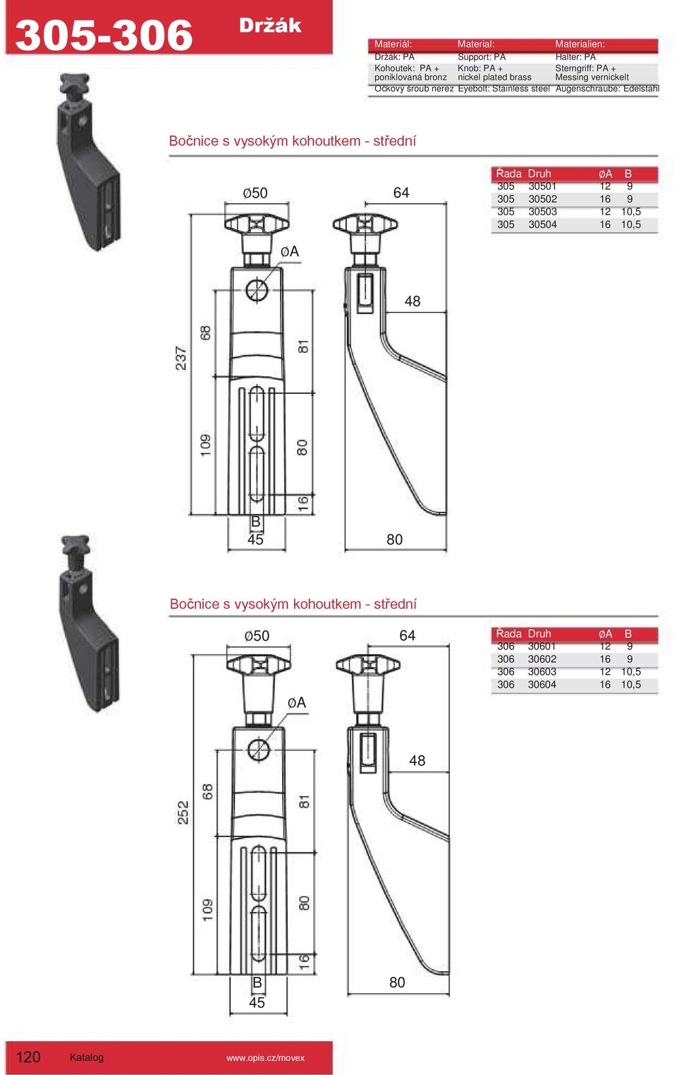 kohoutkem - střední Řada Druh A B 50 64 305 30501 12 9 305 30502 16 9 305 30503 12 10,5 305 30504 16 10,5 A 48 B 45 80 Bočnice s vysokým