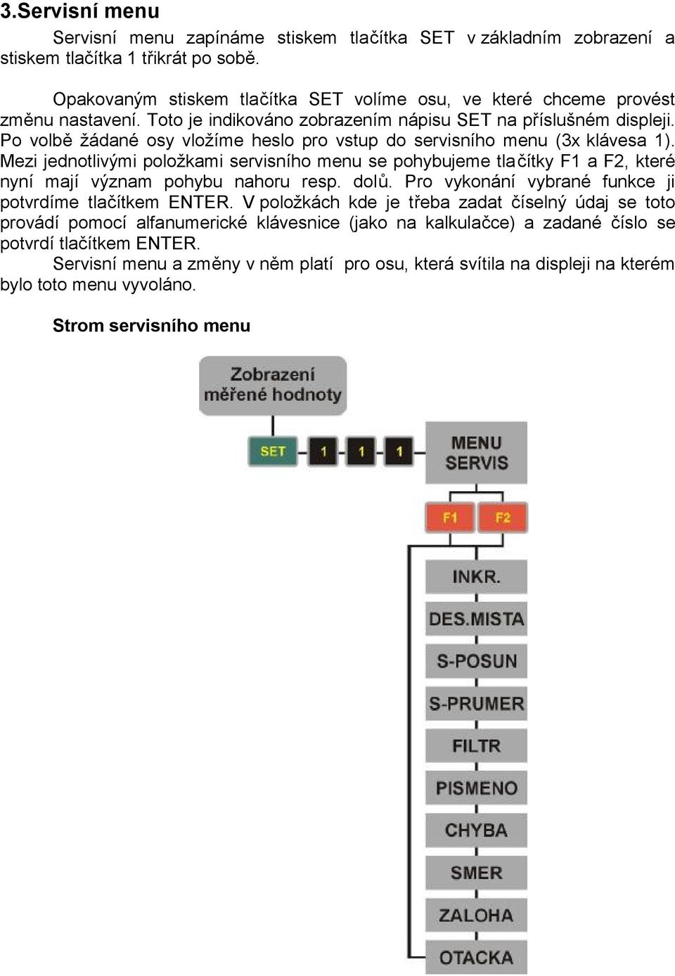 Po volbě žádané osy vložíme heslo pro vstup do servisního menu (3x klávesa 1). Mezi jednotlivými položkami servisního menu se pohybujeme tlačítky F1 a F2, které nyní mají význam pohybu nahoru resp.