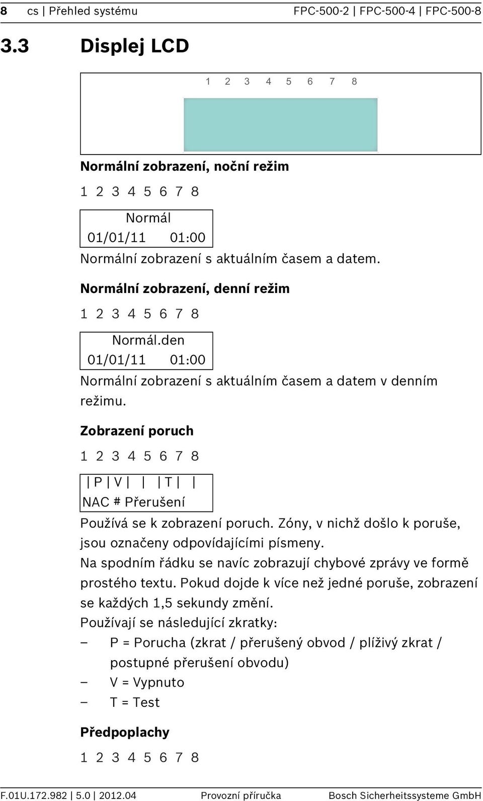 Zobrazení poruch 2 3 4 5 6 7 8 P V T NAC # Přerušení Používá se k zobrazení poruch. Zóny, v nchž došlo k poruše, jsou označeny odpovídajícím písmeny.