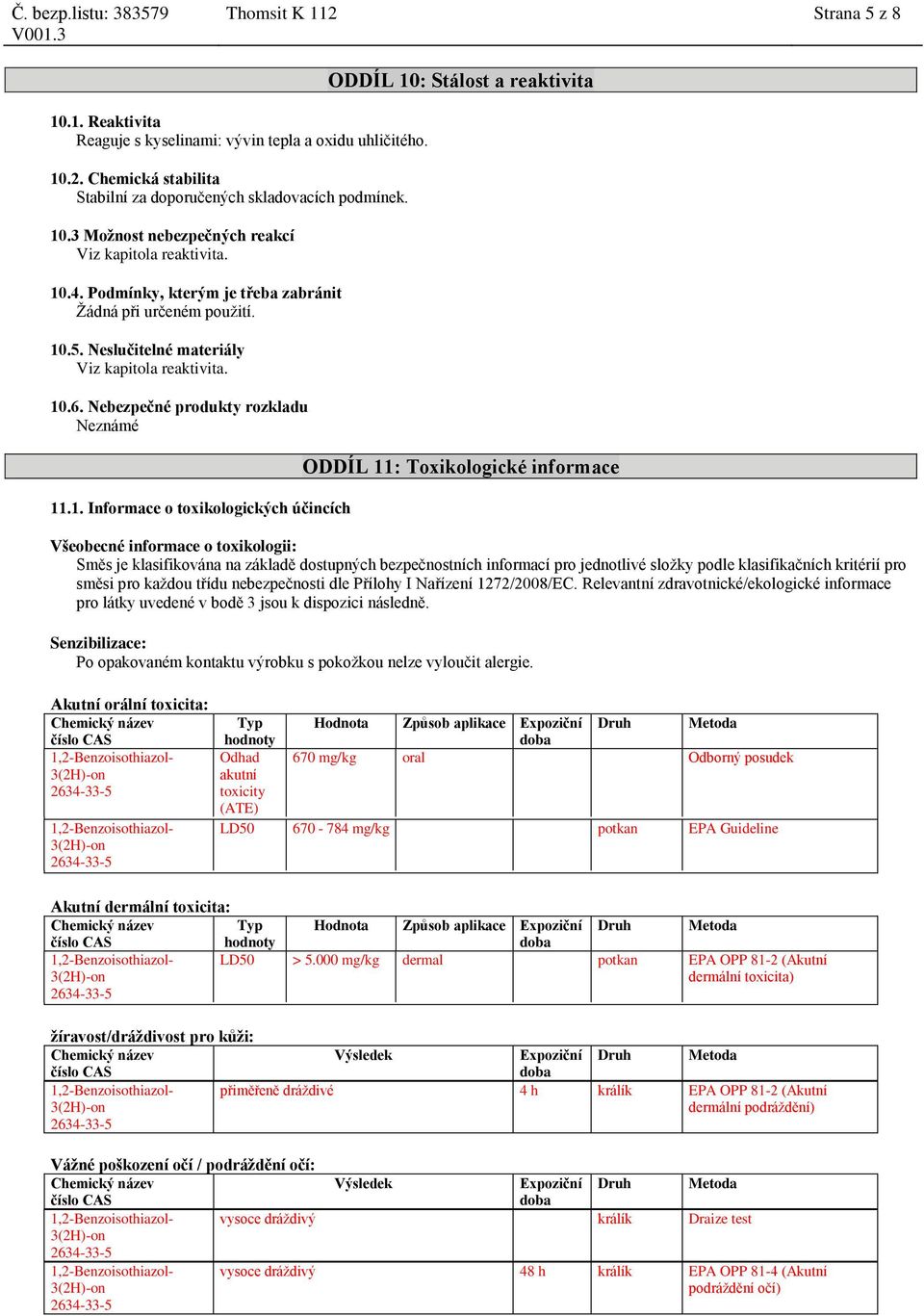 účincích ODDÍL 10: Stálost a reaktivita ODDÍL 11: Toxikologické informace Všeobecné informace o toxikologii: Směs je klasifikována na základě dostupných bezpečnostních informací pro jednotlivé složky