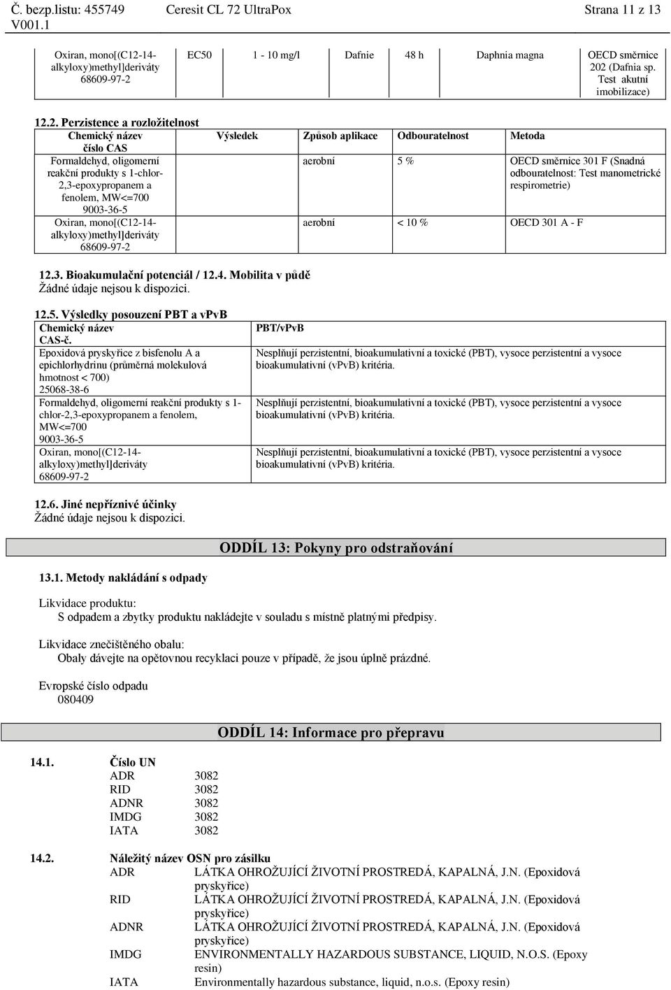 2 (Dafnia sp. Test akutní imobilizace) 12.2. Perzistence a rozložitelnost Formaldehyd, oligomerní reakční produkty s 1-chlor- 2,3-epoxypropanem a fenolem, Výsledek Způsob aplikace Odbouratelnost