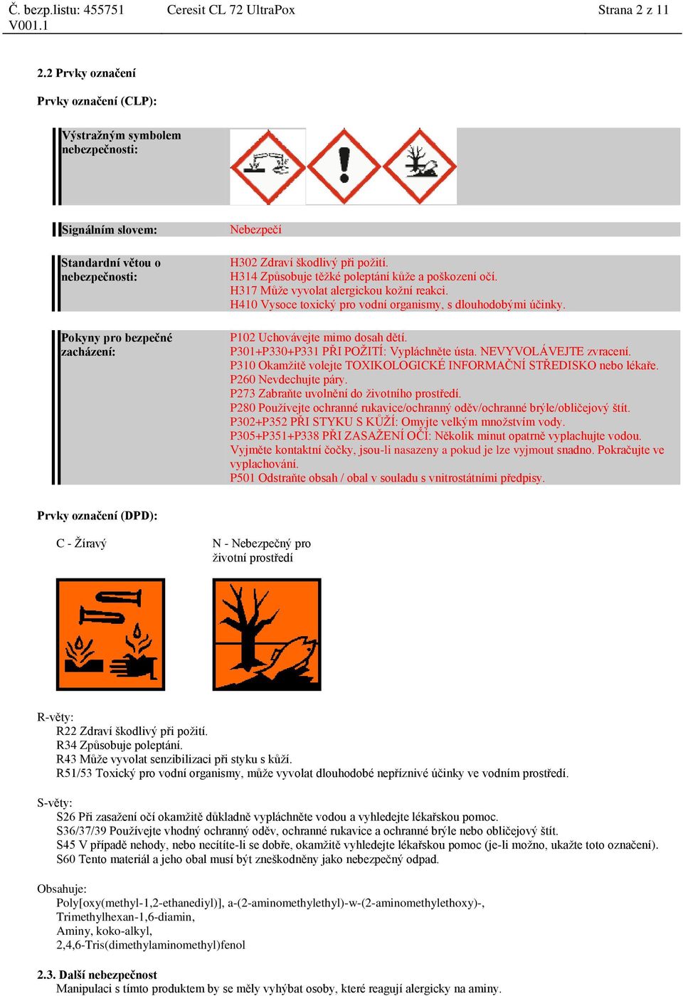 H314 Způsobuje těžké poleptání kůže a poškození očí. H317 Může vyvolat alergickou kožní reakci. H410 Vysoce toxický pro vodní organismy, s dlouhodobými účinky. P102 Uchovávejte mimo dosah dětí.