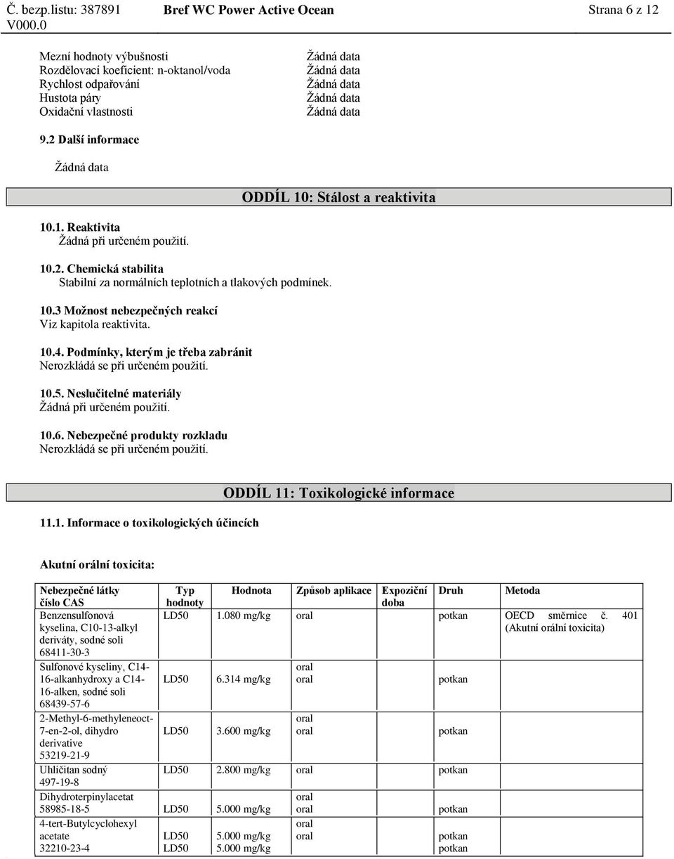 10.4. Podmínky, kterým je třeba zabránit Nerozkládá se při určeném použití. 10.5. Neslučitelné materiály Žádná při určeném použití. 10.6.