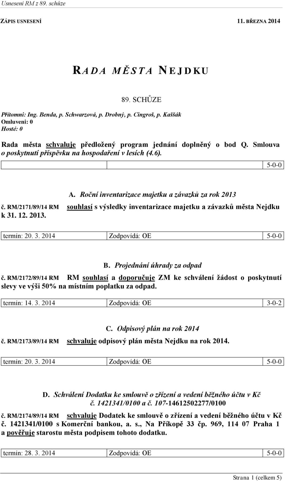 Roční inventarizace majetku a závazků za rok 2013 č. RM/2171/89/14 RM souhlasí s výsledky inventarizace majetku a závazků města Nejdku k 31. 12. 2013. termín: 20. 3. 2014 Zodpovídá: OE 5-0-0 B.