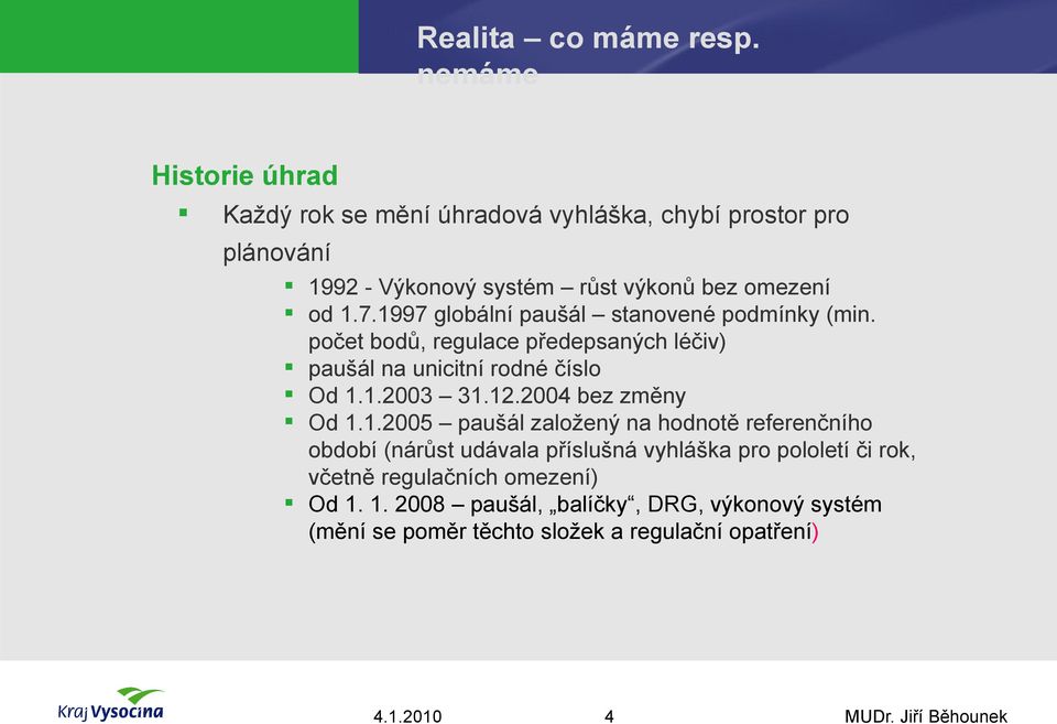 1997 globální paušál stanovené podmínky (min. počet bodů, regulace předepsaných léčiv) paušál na unicitní rodné číslo Od 1.1.2003 31.12.