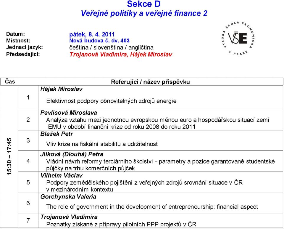 zemí EMU v období finanční krize od roku 008 do roku 0 Blažek Petr Vliv krize na fiskální stabilitu a udržitelnost Jílková (Dlouhá) Petra Vládní návrh reformy terciárního školství - parametry a