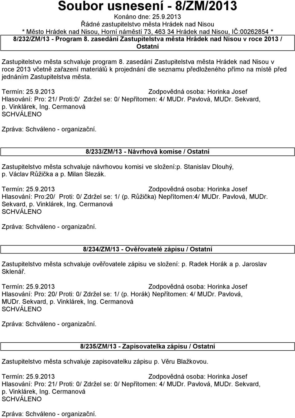 zasedání Zastupitelstva města Hrádek nad Nisou v roce 2013 / Ostatní Zastupitelstvo města schvaluje program 8.