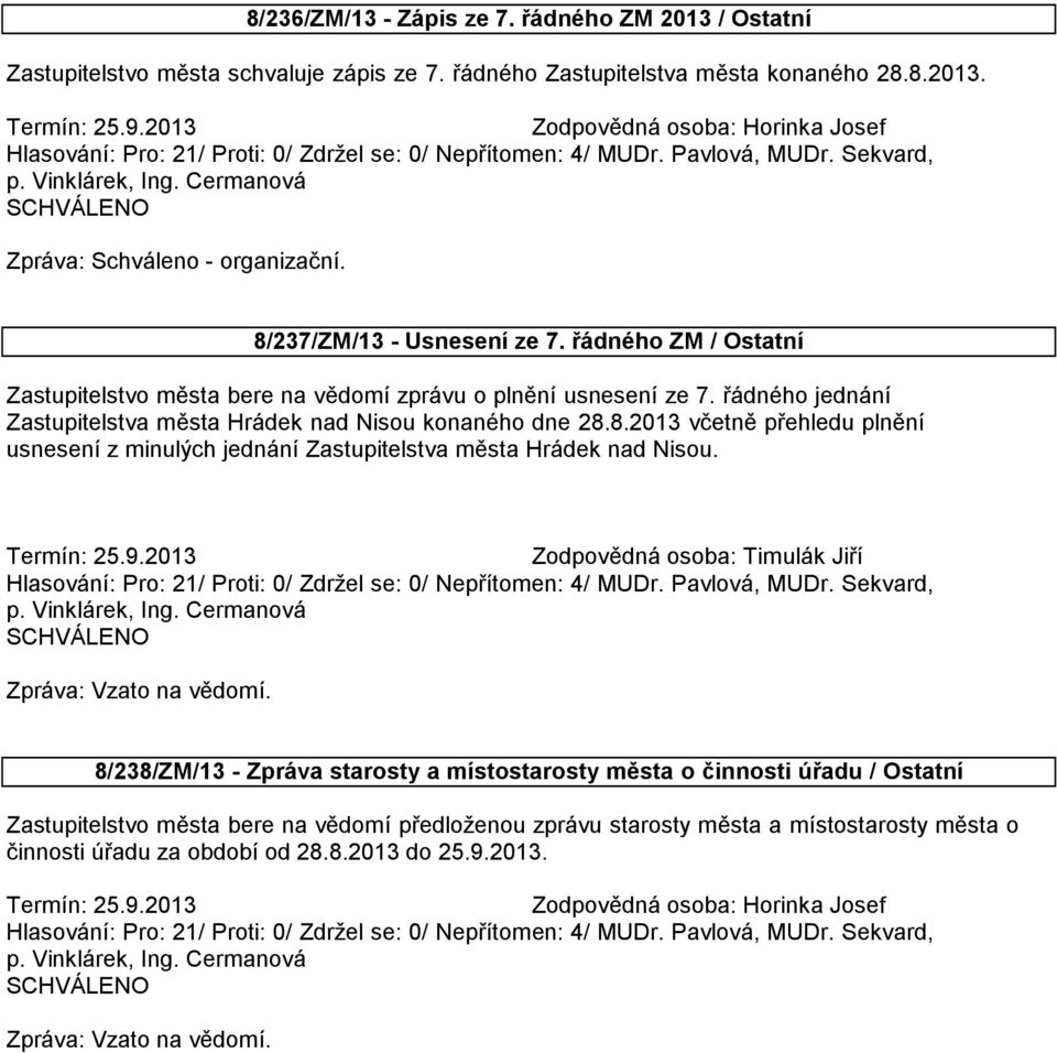 8.2013 včetně přehledu plnění usnesení z minulých jednání Zastupitelstva města Hrádek nad Nisou. Zodpovědná osoba: Timulák Jiří Zpráva: Vzato na vědomí.