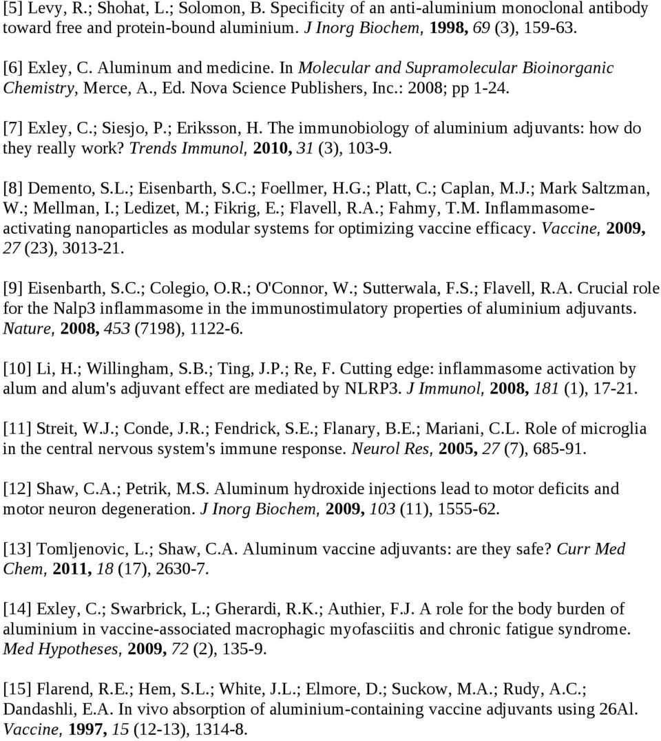 The immunobiology of aluminium adjuvants: how do they really work? Trends Immunol, 2010, 31 (3), 103-9. [8] Demento, S.L.; Eisenbarth, S.C.; Foellmer, H.G.; Platt, C.; Caplan, M.J.; Mark Saltzman, W.