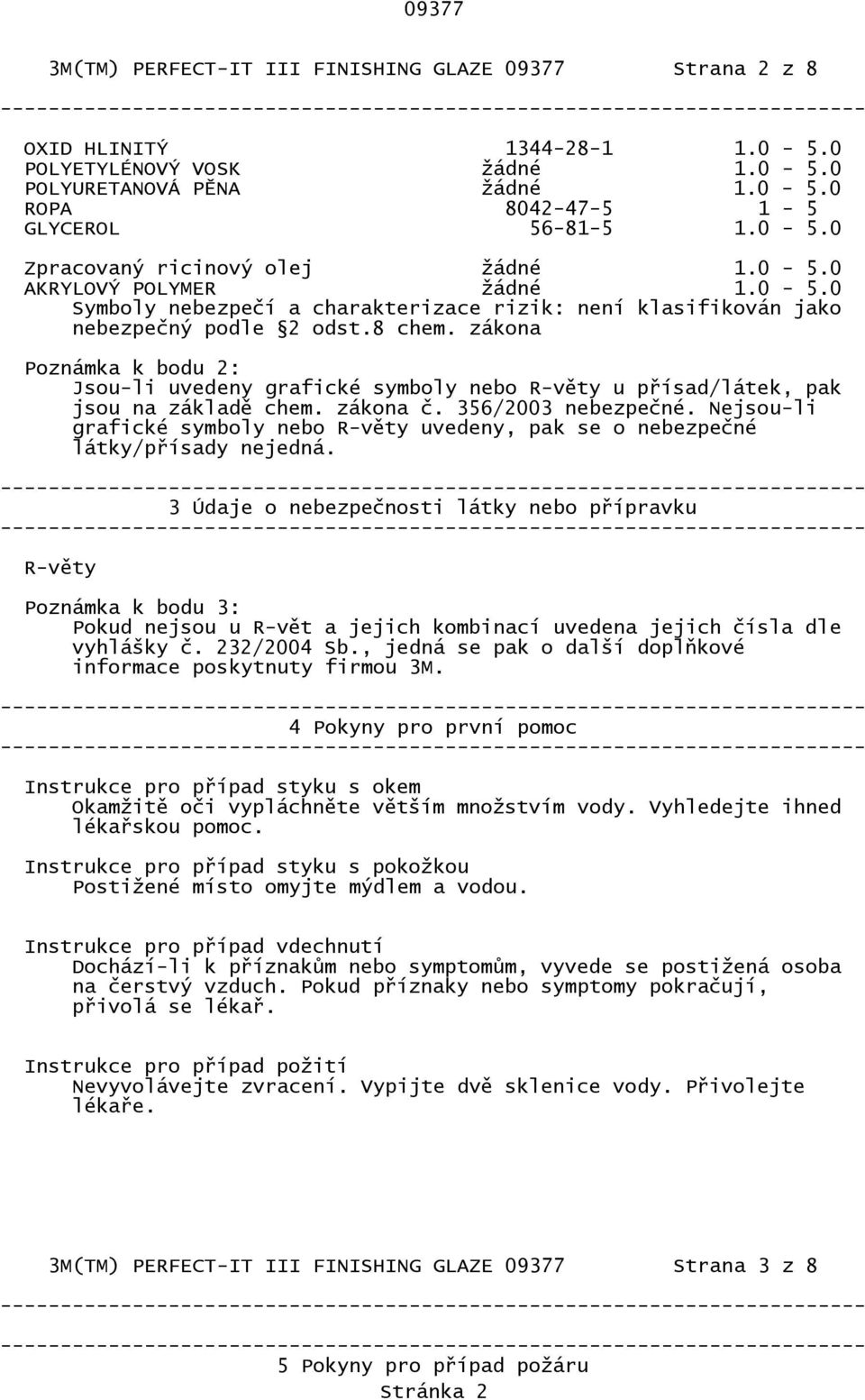 zákona Poznámka k bodu 2: Jsou-li uvedeny grafické symboly nebo R-věty u přísad/látek, pak jsou na základě chem. zákona č. 356/2003 nebezpečné.