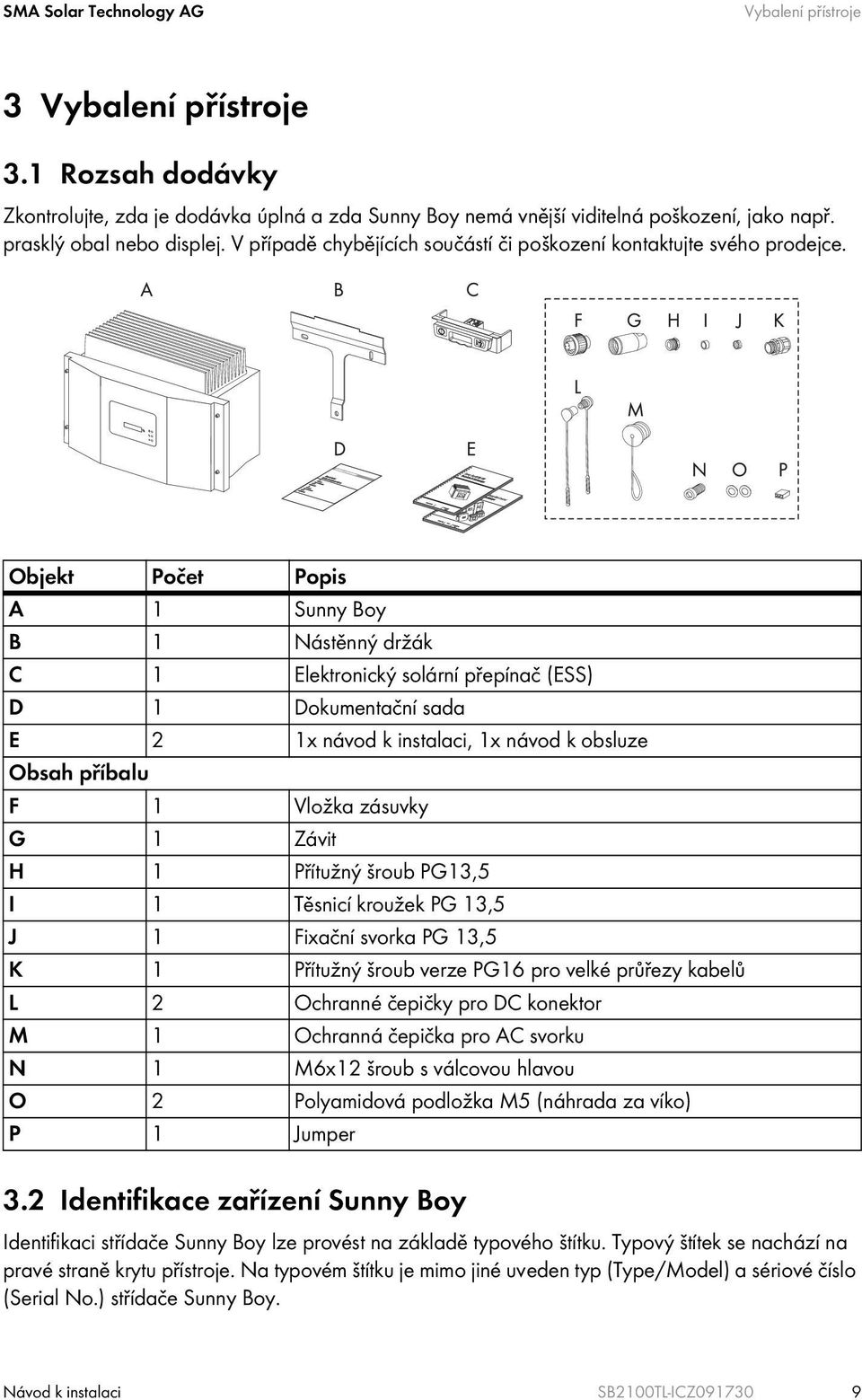 Objekt Počet Popis A 1 Sunny Boy B 1 Nástěnný držák C 1 Elektronický solární přepínač (ESS) D 1 Dokumentační sada E 2 1x návod k instalaci, 1x návod k obsluze Obsah příbalu F 1 Vložka zásuvky G 1