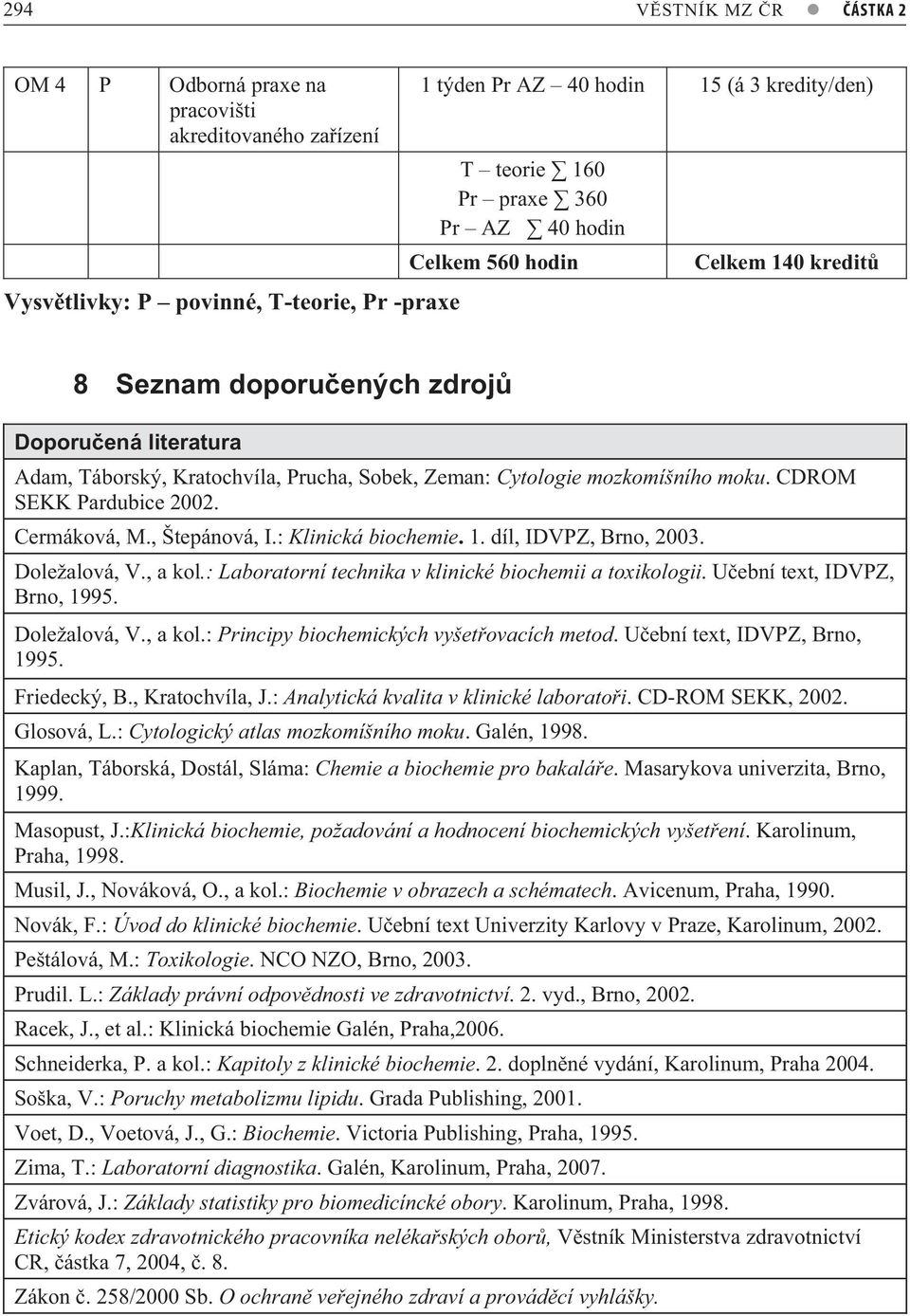 Cermáková, M., Štepánová, I.: Klinická biochemie.. díl, IDVPZ, Brno, 00. Doležalová, V., a kol.: Laboratorní technika v klinické biochemii a toxikologii. U ební text, IDVPZ, Brno, 995. Doležalová, V., a kol.: Principy biochemických vyšet ovacích metod.