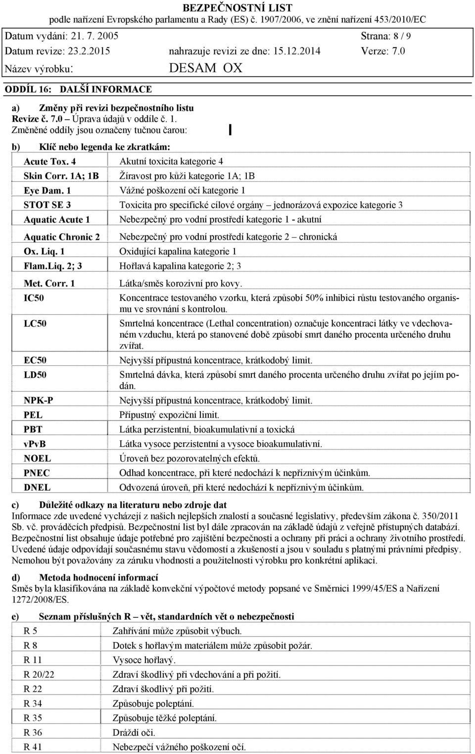 1 Vážné poškození očí kategorie 1 STOT SE 3 Toxicita pro specifické cílové orgány jednorázová expozice kategorie 3 Aquatic Acute 1 Aquatic Chronic 2 Nebezpečný pro vodní prostředí kategorie 1 -