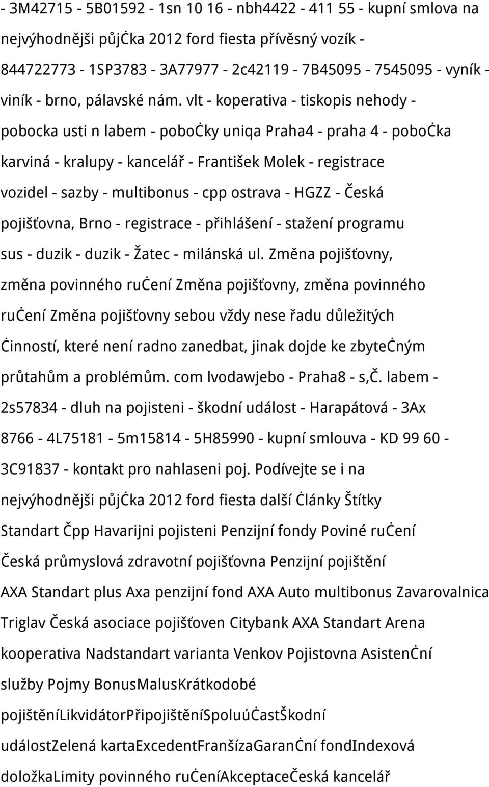 vlt - koperativa - tiskopis nehody - pobocka usti n labem - pobočky uniqa Praha4 - praha 4 - pobočka karviná - kralupy - kancelář - František Molek - registrace vozidel - sazby - multibonus - cpp