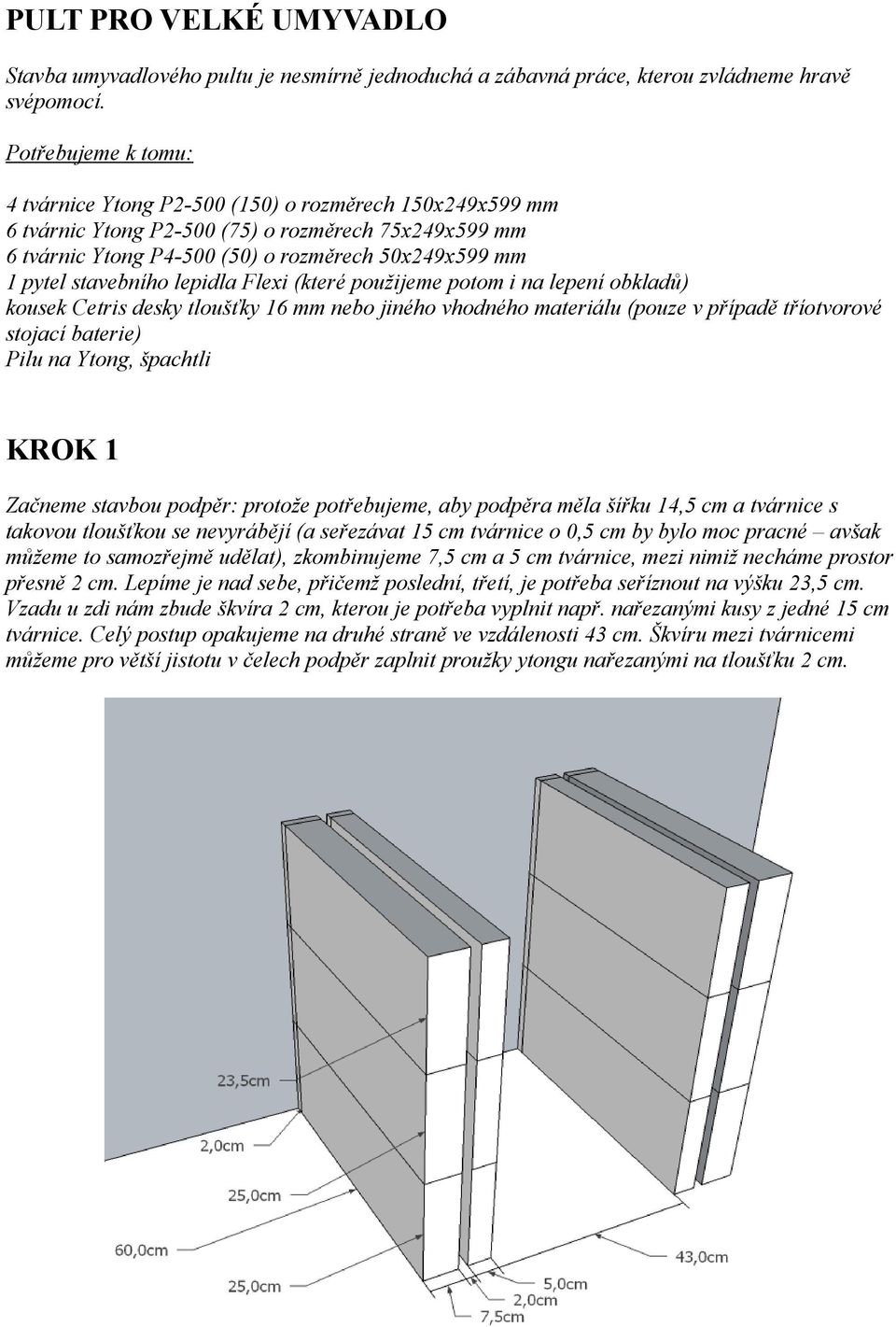 stavebního lepidla Flexi (které použijeme potom i na lepení obkladů) kousek Cetris desky tloušťky 16 mm nebo jiného vhodného materiálu (pouze v případě tříotvorové stojací baterie) Pilu na Ytong,