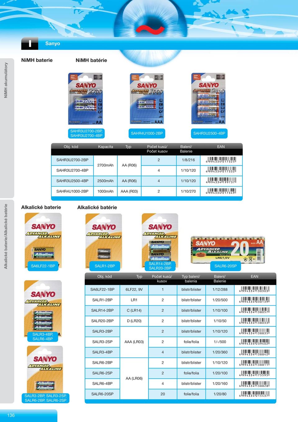 (R03) 2 1/10/270 Alkalické baterie/alkalické batérie Alkalické baterie SA6LF22-1BP Alkalické batérie SALR1-2BP SALR14-2BP, SALR20-2BP SALR6-20SP Obj.