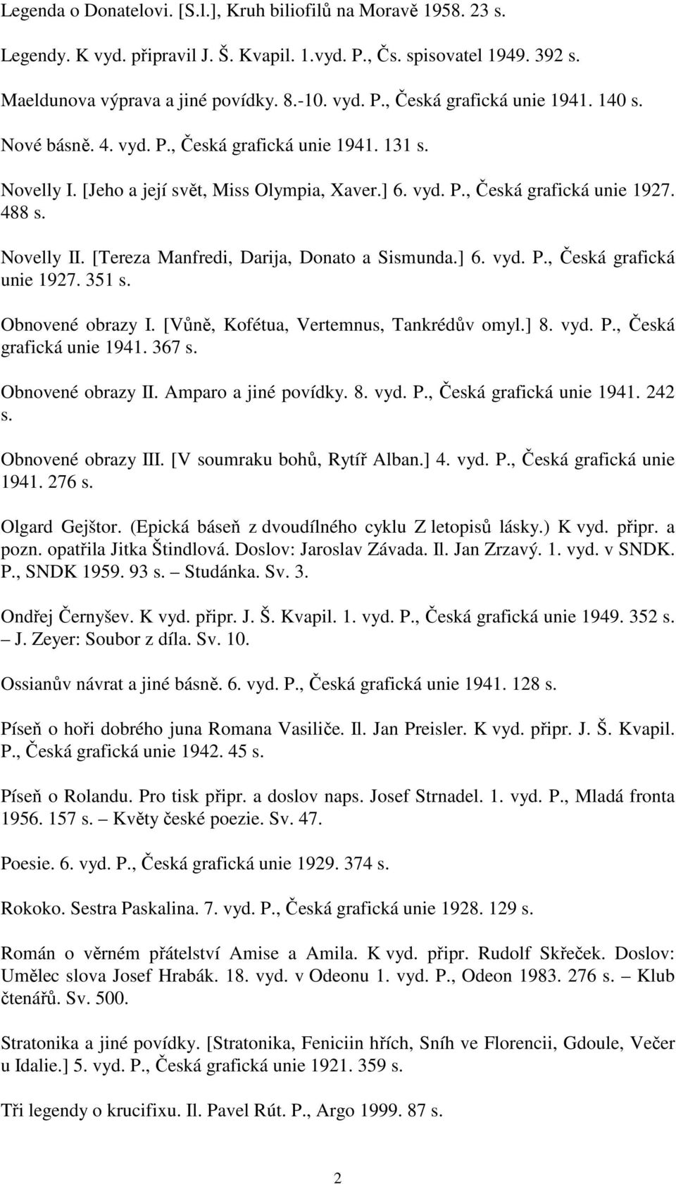 [Tereza Manfredi, Darija, Donato a Sismunda.] 6. vyd. P., Česká grafická unie 1927. 351 s. Obnovené obrazy I. [Vůně, Kofétua, Vertemnus, Tankrédův omyl.] 8. vyd. P., Česká grafická unie 1941. 367 s.