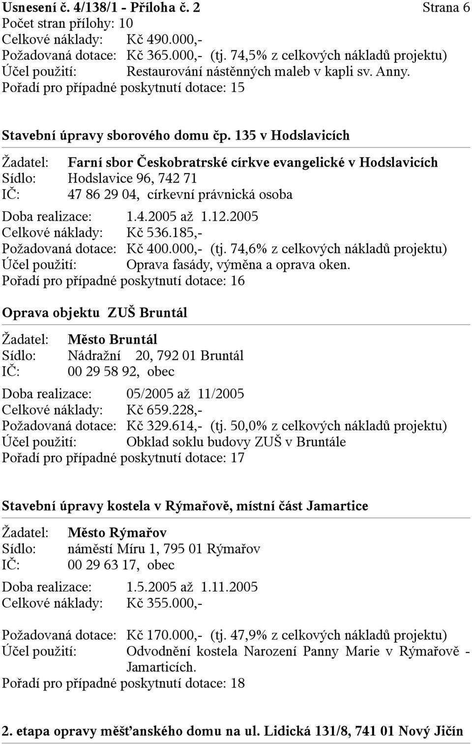 135 v Hodslavicích Farní sbor Českobratrské církve evangelické v Hodslavicích Hodslavice 96, 742 71 47 86 29 04, církevní právnická osoba Doba realizace: 1.4.2005 až 1.12.2005 Celkové náklady: Kč 536.