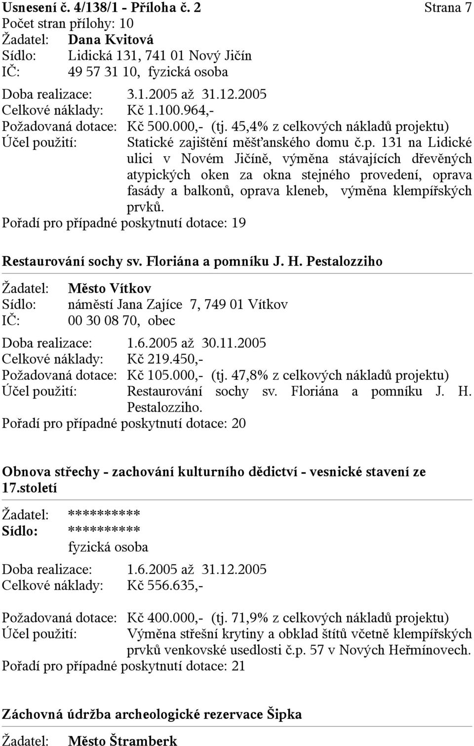 ojektu) Účel použití: Statické zajištění měšťanského domu č.p. 131 na Lidické ulici v Novém Jičíně, výměna stávajících dřevěných atypických oken za okna stejného provedení, oprava fasády a balkonů, oprava kleneb, výměna klempířských prvků.