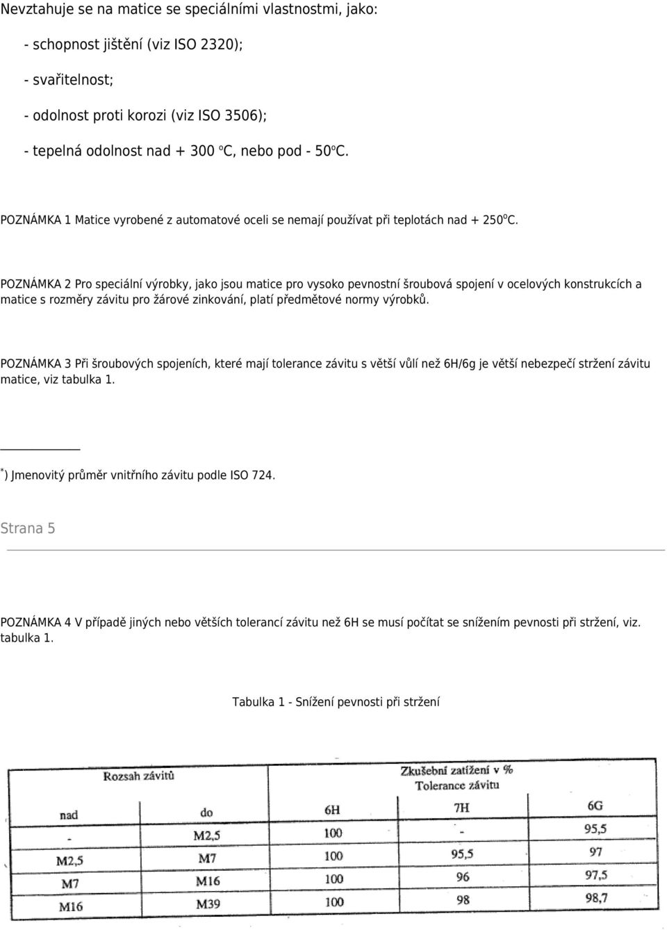 POZNÁMKA 2 Pro speciální výrobky, jako jsou matice pro vysoko pevnostní šroubová spojení v ocelových konstrukcích a matice s rozměry závitu pro žárové zinkování, platí předmětové normy výrobků.