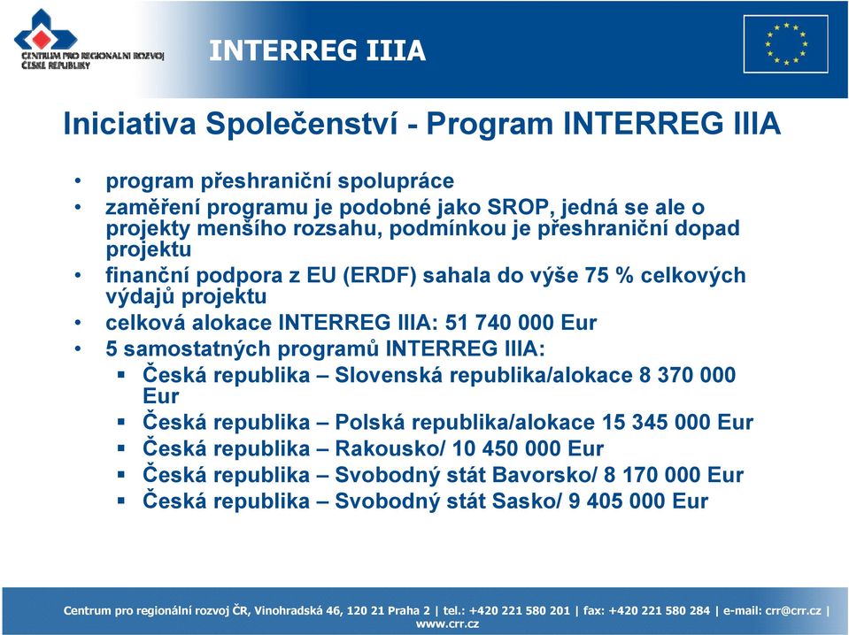 IIIA: 51 740 000 Eur 5 samostatných programů INTERREG IIIA: Česká republika Slovenská republika/alokace 8 370 000 Eur Česká republika Polská republika/alokace
