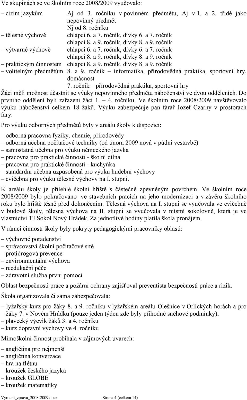 a 9. ročník, dívky 8. a 9. ročník volitelným předmětům 8. a 9. ročník informatika, přírodovědná praktika, sportovní hry, domácnost 7.