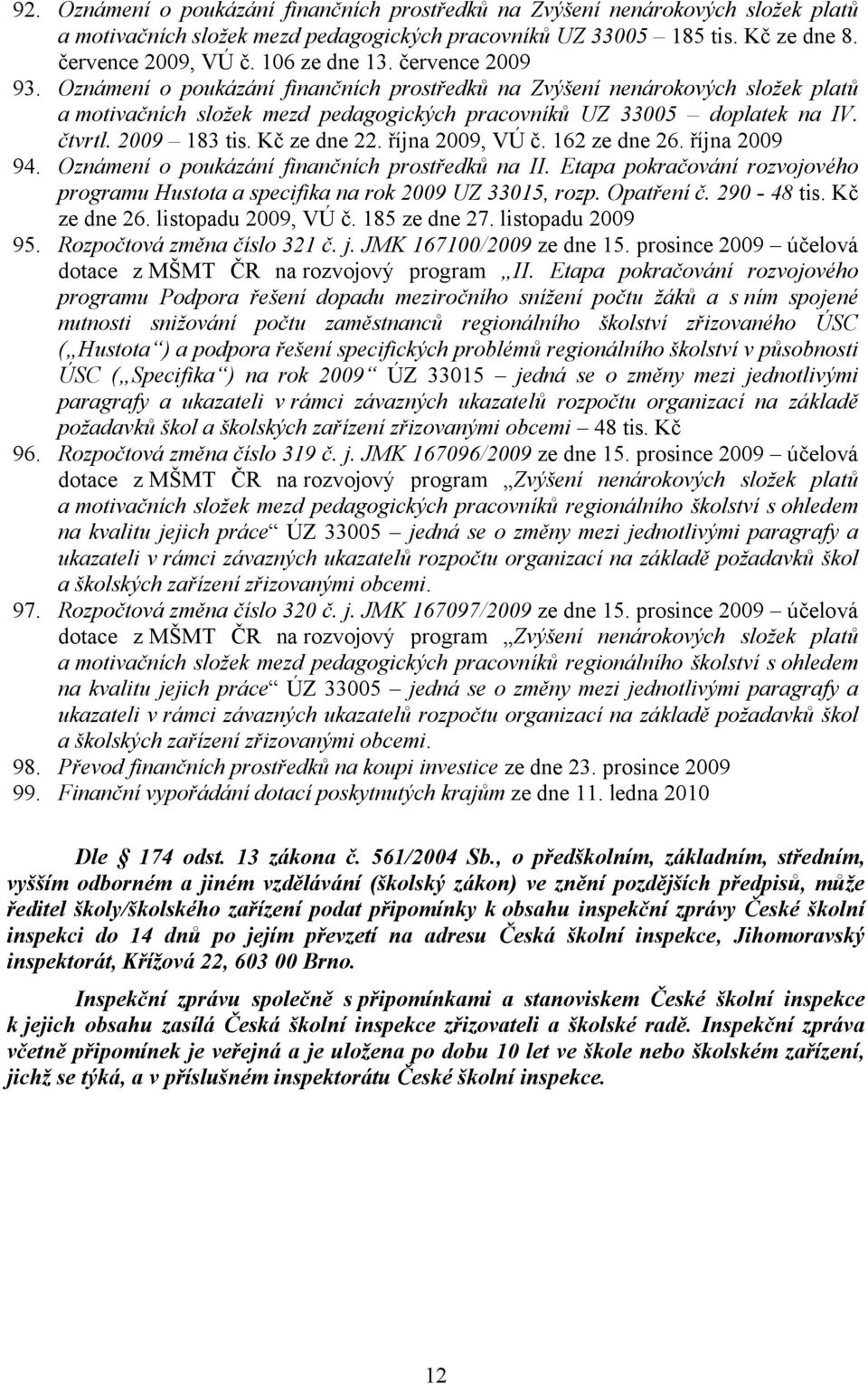 2009 183 tis. Kč ze dne 22. října 2009, VÚ č. 162 ze dne 26. října 2009 94. Oznámení o poukázání finančních prostředků na II.