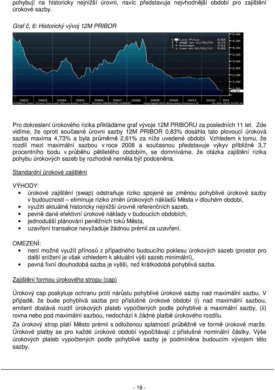 Zde vidíme, že oproti současné úrovni sazby 12M PRIBOR 0,83% dosáhla tato plovoucí úroková sazba maxima 4,73% a byla průměrně 2,61% za níže uvedené období.