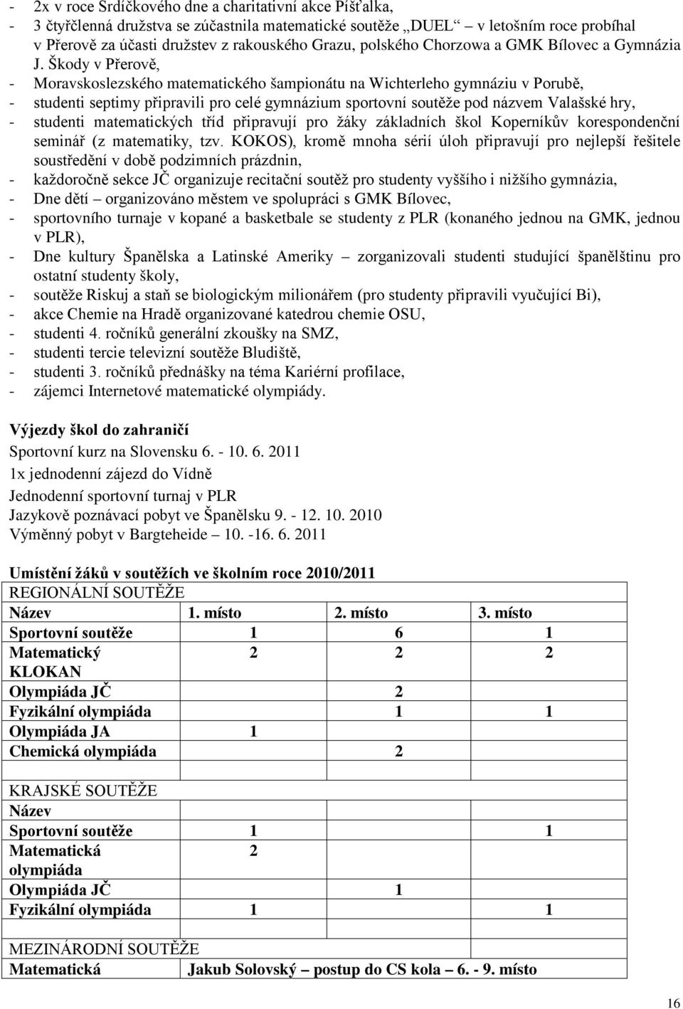 Škody v Přerově, - Moravskoslezského matematického šampionátu na Wichterleho gymnáziu v Porubě, - studenti septimy připravili pro celé gymnázium sportovní soutěže pod názvem Valašské hry, - studenti