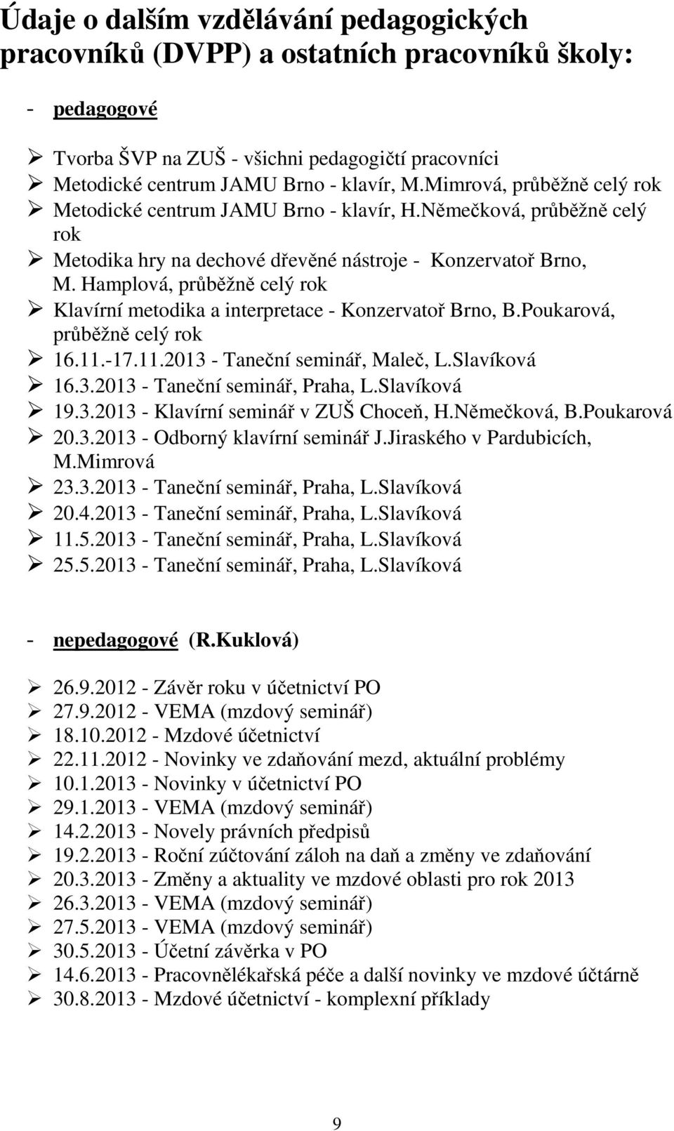 Hamplová, průběžně celý rok Klavírní metodika a interpretace - Konzervatoř Brno, B.Poukarová, průběžně celý rok 16.11.-17.11.2013 - Taneční seminář, Maleč, L.Slavíková 16.3.2013 - Taneční seminář, Praha, L.