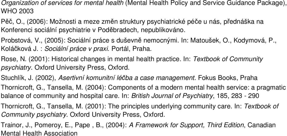 In: Matoušek, O., Kodymová, P., Koláčková J. : Sociální práce v praxi. Portál, Praha. Rose, N. (2001): Historical changes in mental health practice. In: Textbook of Community psychiatry.