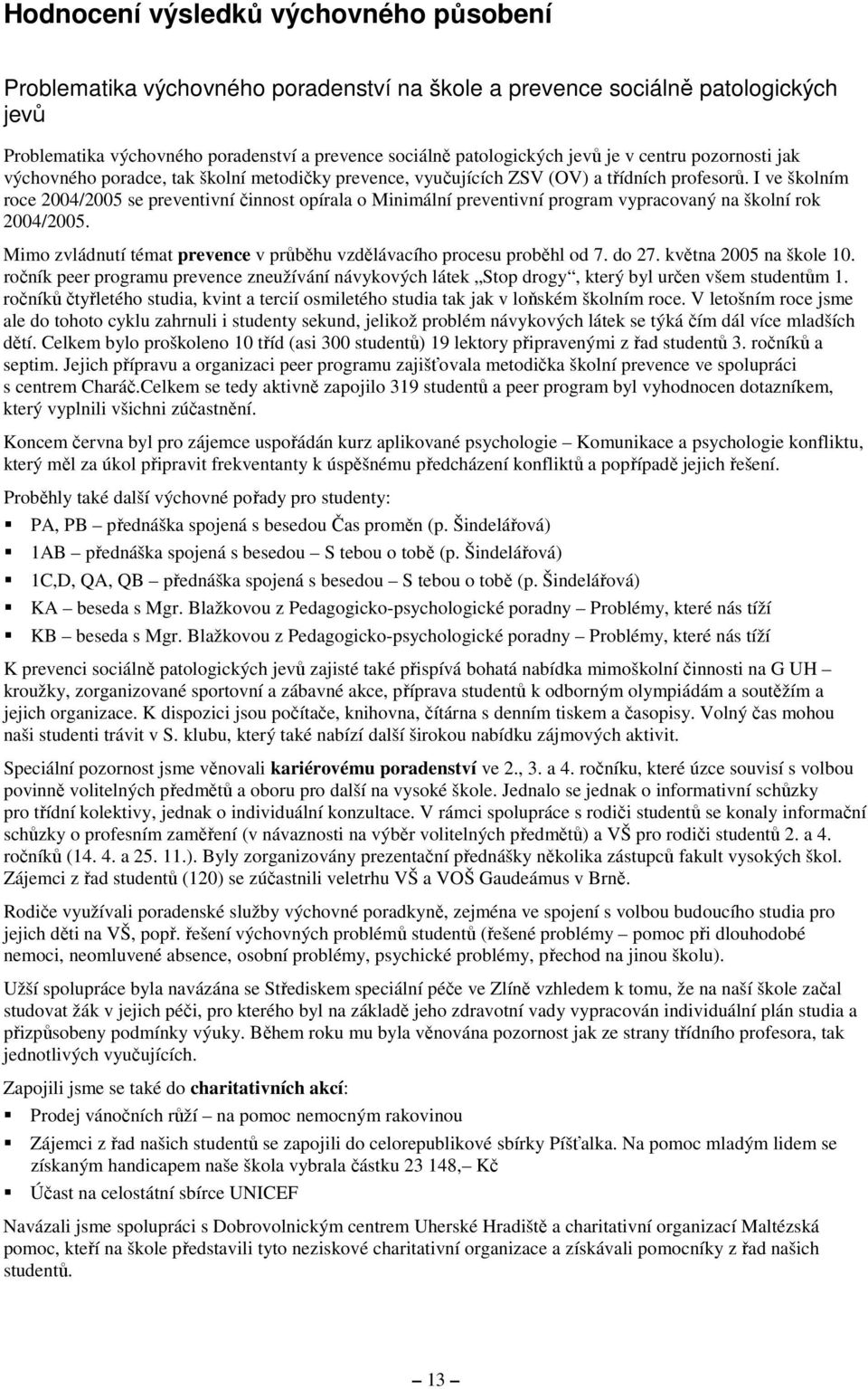 I ve školním roce 2004/2005 se preventivní činnost opírala o Minimální preventivní program vypracovaný na školní rok 2004/2005.