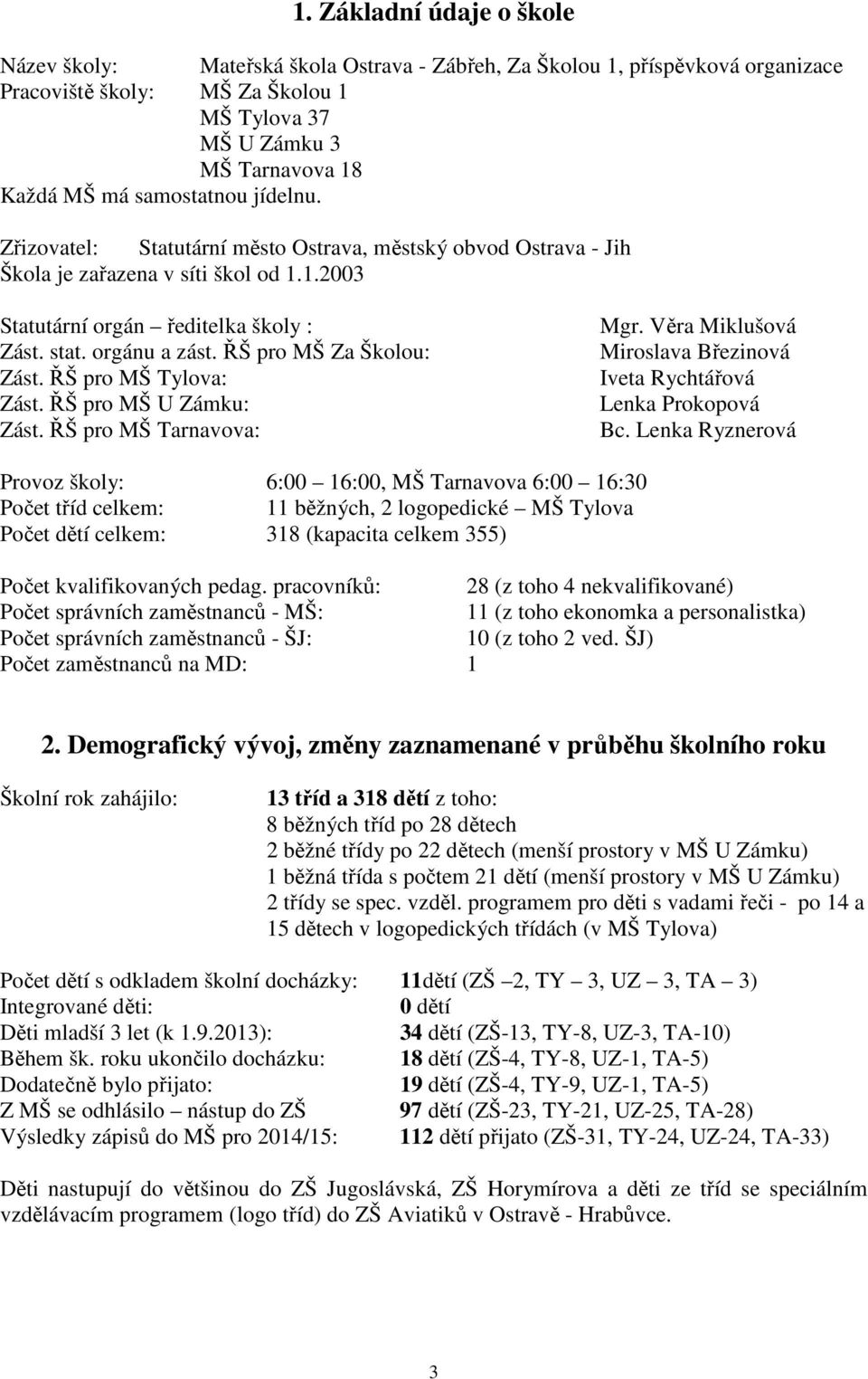 ŘŠ pro MŠ Za Školou: Zást. ŘŠ pro MŠ Tylova: Zást. ŘŠ pro MŠ U Zámku: Zást. ŘŠ pro MŠ Tarnavova: Miroslava Březinová Iveta Rychtářová Lenka Prokopová Bc.