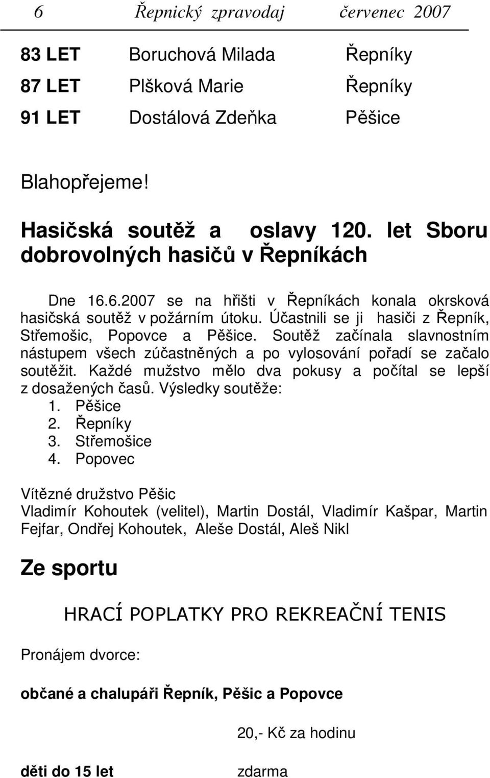 Soutěž začínala slavnostním nástupem všech zúčastněných a po vylosování pořadí se začalo soutěžit. Každé mužstvo mělo dva pokusy a počítal se lepší z dosažených časů. Výsledky soutěže: 1. Pěšice 2.