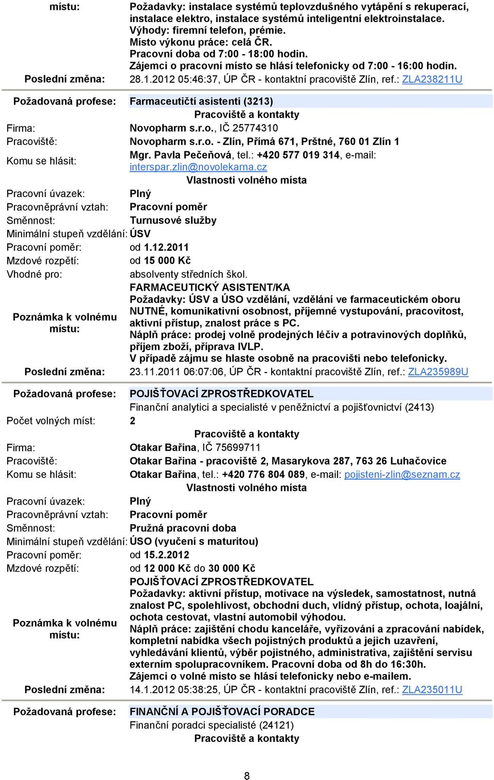 : ZLA238211U Požadovaná profese: Farmaceutičtí asistenti (3213) Novopharm s.r.o., IČ 25774310 Novopharm s.r.o. - Zlín, Přímá 671, Prštné, 760 01 Zlín 1 Mgr. Pavla Pečeňová, tel.