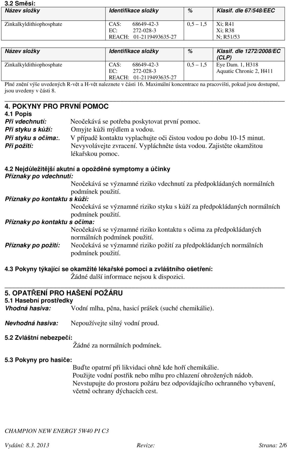 dle 1272/2008/EC (CLP) Zinkalkyldithiophosphate CAS: 68649-42-3 0,5 1,5 Eye Dam.