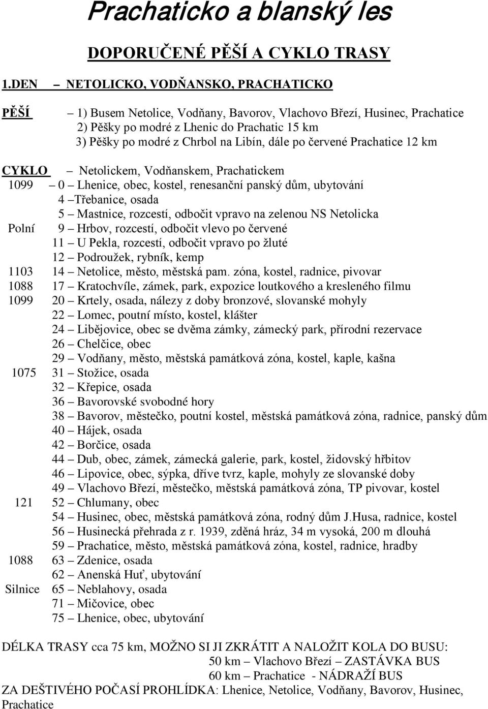 po červené Prachatice 12 km Netolickem, Vodňanskem, Prachatickem 1099 0 Lhenice, obec, kostel, renesanční panský dům, ubytování 4 Třebanice, osada 5 Mastnice, rozcestí, odbočit vpravo na zelenou NS