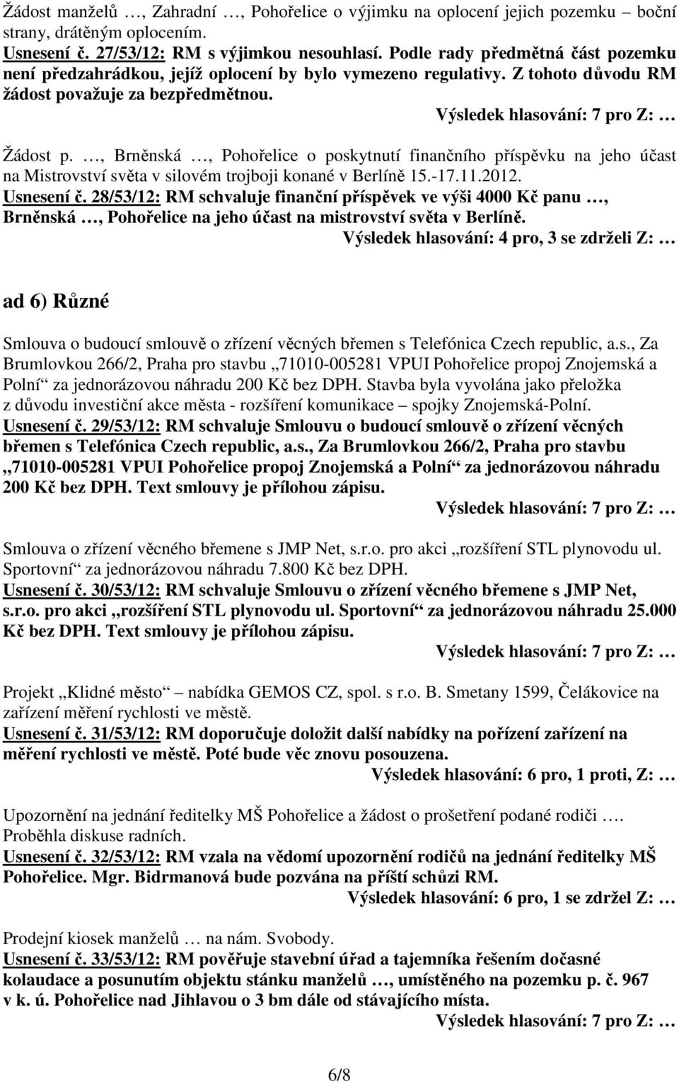 , Brněnská, Pohořelice o poskytnutí finančního příspěvku na jeho účast na Mistrovství světa v silovém trojboji konané v Berlíně 15.-17.11.2012. Usnesení č.