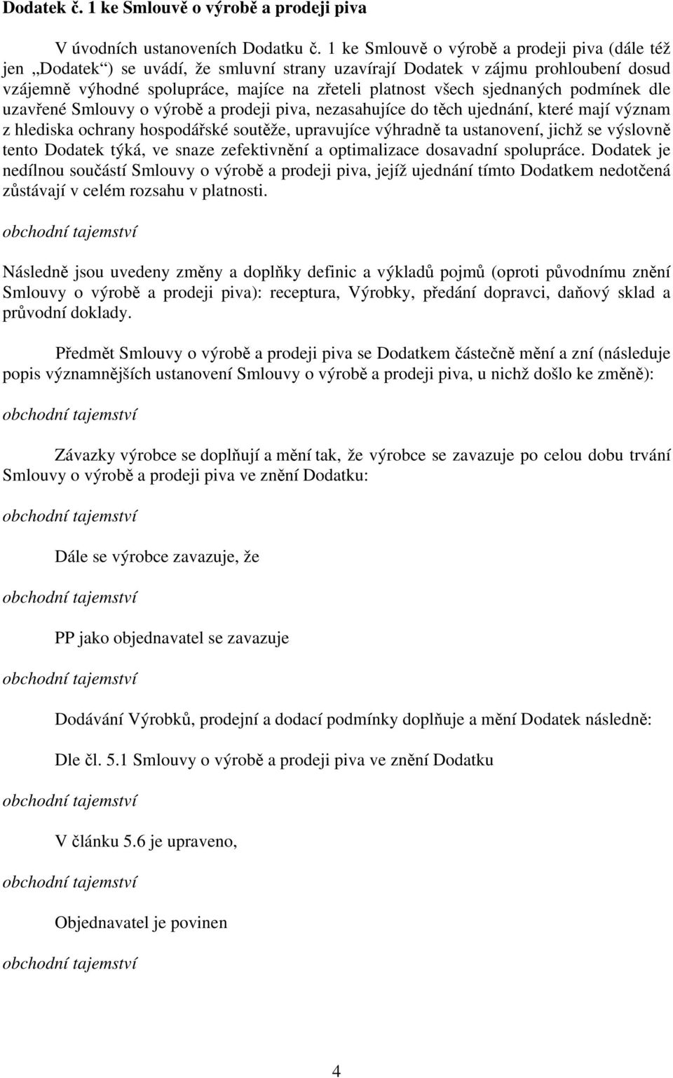 sjednaných podmínek dle uzavřené Smlouvy o výrobě a prodeji piva, nezasahujíce do těch ujednání, které mají význam z hlediska ochrany hospodářské soutěže, upravujíce výhradně ta ustanovení, jichž se