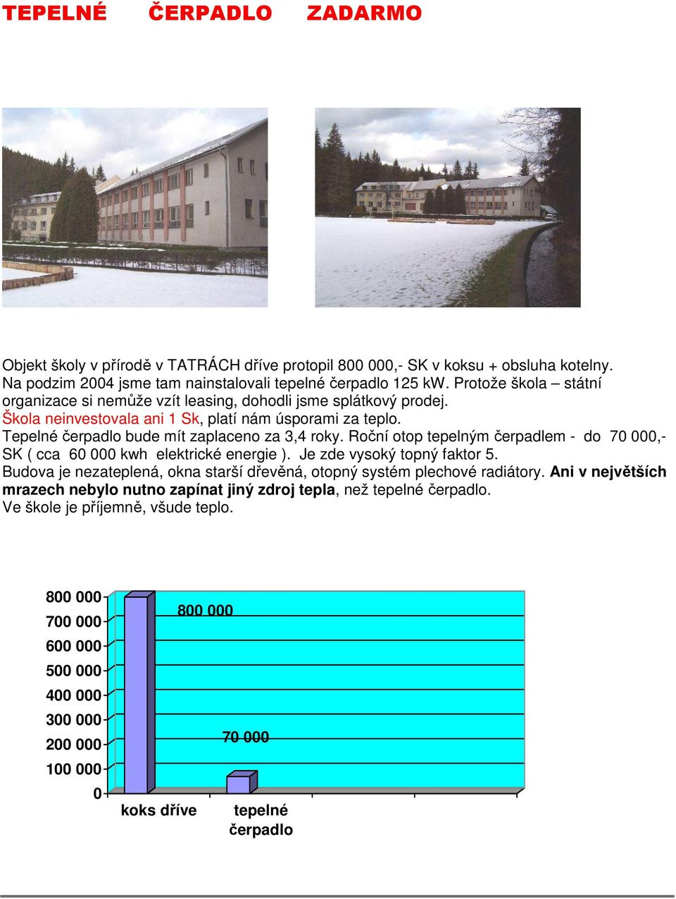 Roční otop tepelným čerpadlem - do 70 000,- SK ( cca 60 000 kwh elektrické energie ). Je zde vysoký topný faktor 5. Budova je nezateplená, okna starší dřevěná, otopný systém plechové radiátory.