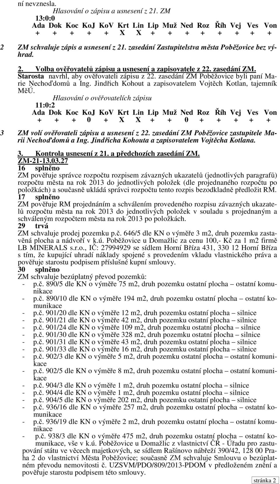Hlasování o ověřovatelích zápisu 11:0:2 + + + 0 + X X + + 0 + + + + + 3 ZM volí ověřovateli zápisu a usnesení z 22. zasedání ZM Poběžovice zastupitele Marii Nechoďdomů a Ing.