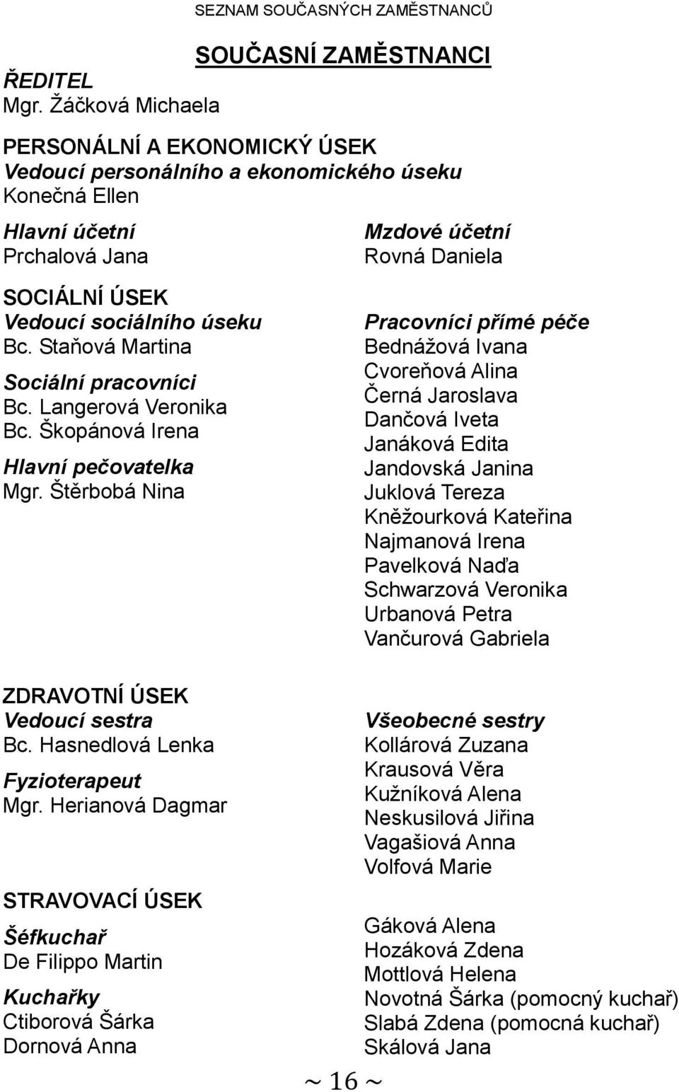 Bc. Staňová Martina Sociální pracovníci Bc. Langerová Veronika Bc. Škopánová Irena Hlavní pečovatelka Mgr. Štěrbobá Nina ZDRAVOTNÍ ÚSEK Vedoucí sestra Bc. Hasnedlová Lenka Fyzioterapeut Mgr.