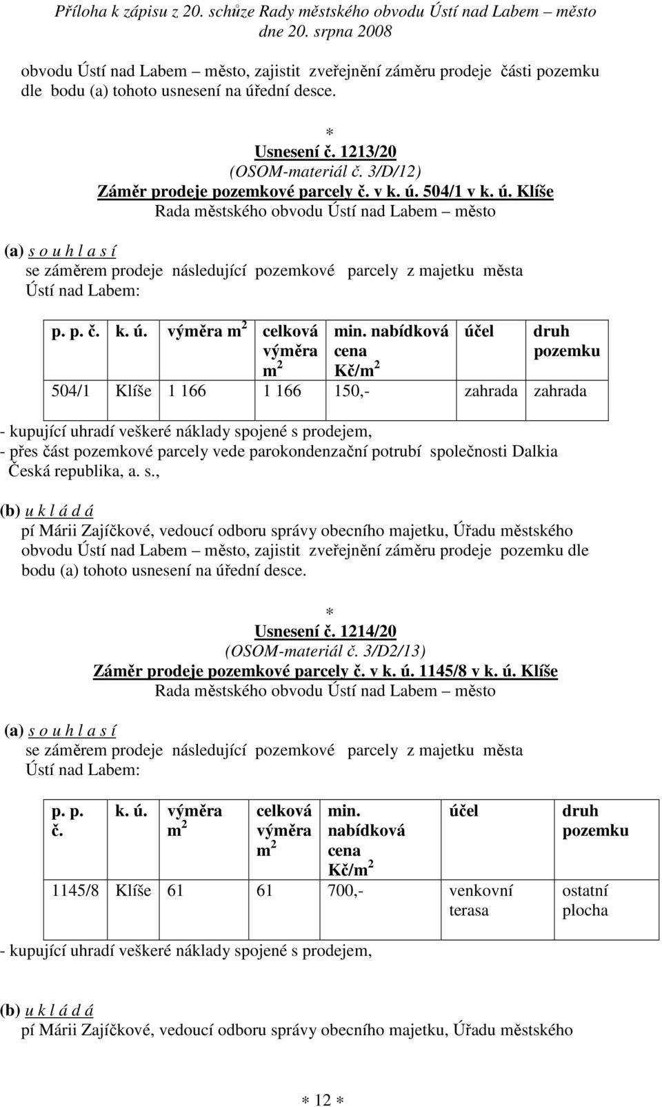 nabídková Kč/ 504/1 Klíše 1 166 1 166 150,- zahrada zahrada - kupující uhradí veškeré náklady spojené s prodejem, - přes část pozemkové parcely vede parokondenzační potrubí společnosti Dalkia Česká