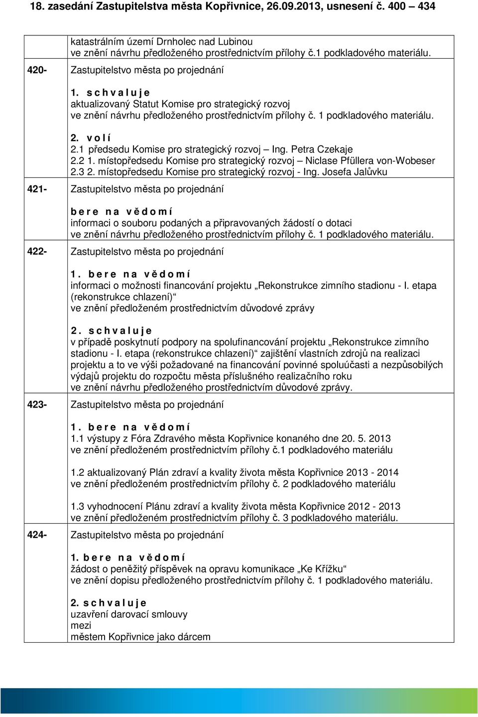 1 předsedu Komise pro strtegický rozvoj Ing. Petr Czekje 2.2 1. místopředsedu Komise pro strtegický rozvoj Niclse Pfüller von-wobeser 2.3 2. místopředsedu Komise pro strtegický rozvoj - Ing.