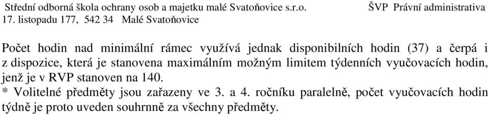 jenž je v RVP stanoven na 140. * Volitelné předměty jsou zařazeny ve 3. a 4.