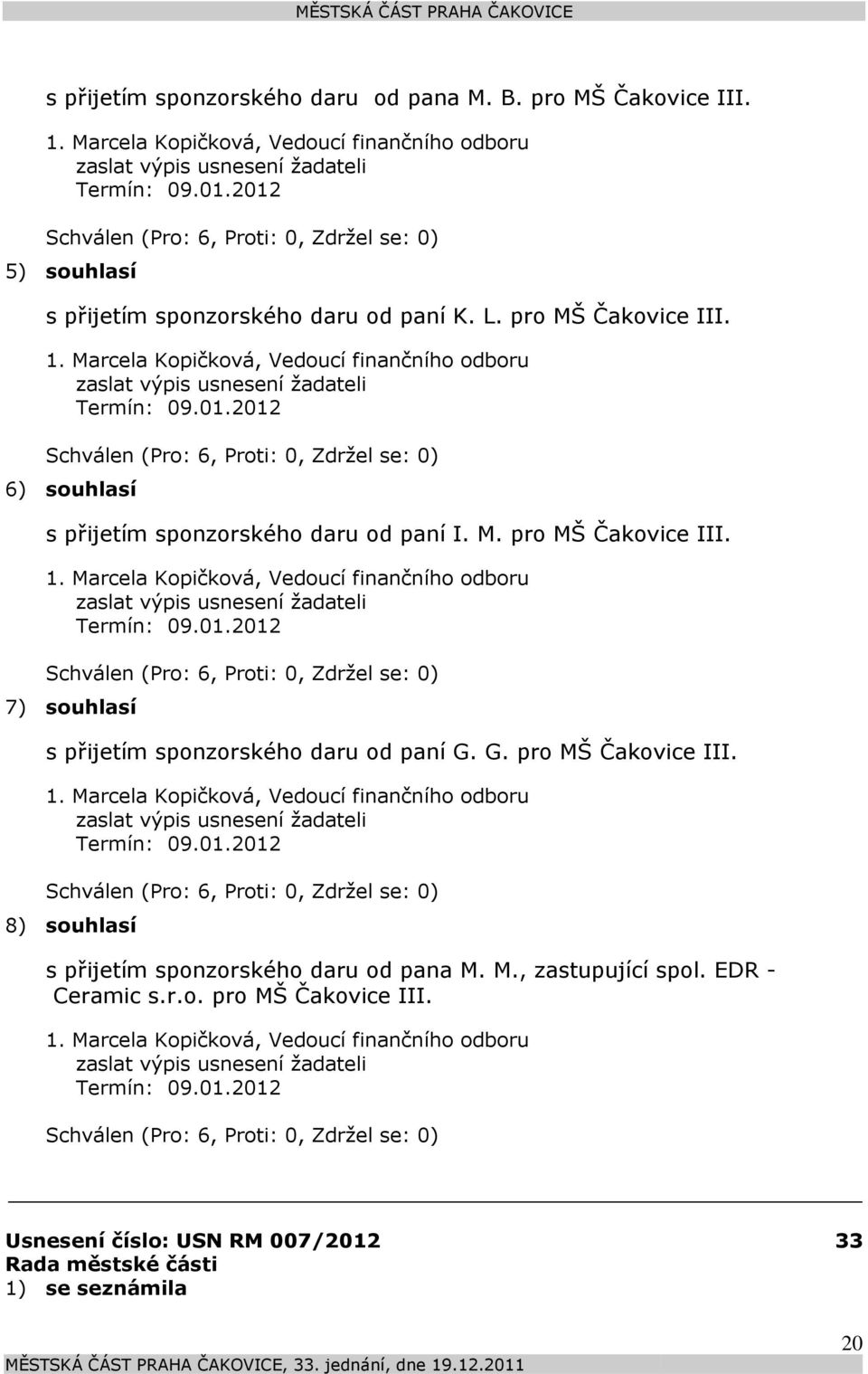 6) souhlasí s přijetím sponzorského daru od paní I. M. pro MŠ Čakovice III.