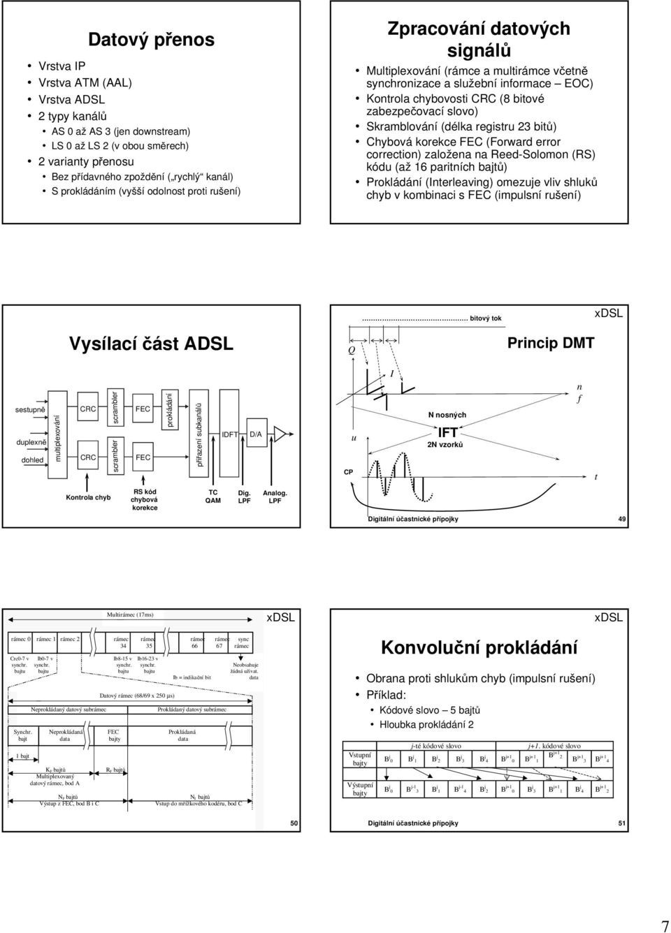 Skramblování (délka registru 23 bitů) Chybová korekce FEC (Forward error correction) založena na Reed-Solomon (RS) kódu (až 16 paritních bajtů) Prokládání (Interleaving) omezuje vliv shluků chyb v