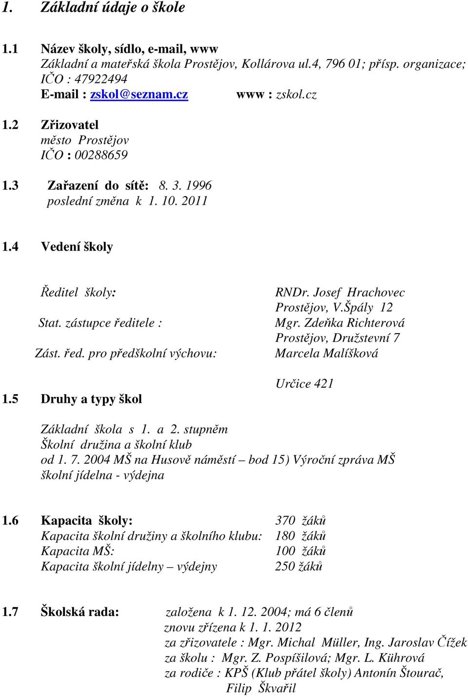 5 Druhy a typy škol RNDr. Josef Hrachovec Prostějov, V.Špály 12 Mgr. Zdeňka Richterová Prostějov, Družstevní 7 Marcela Malíšková Určice 421 Základní škola s 1. a 2.